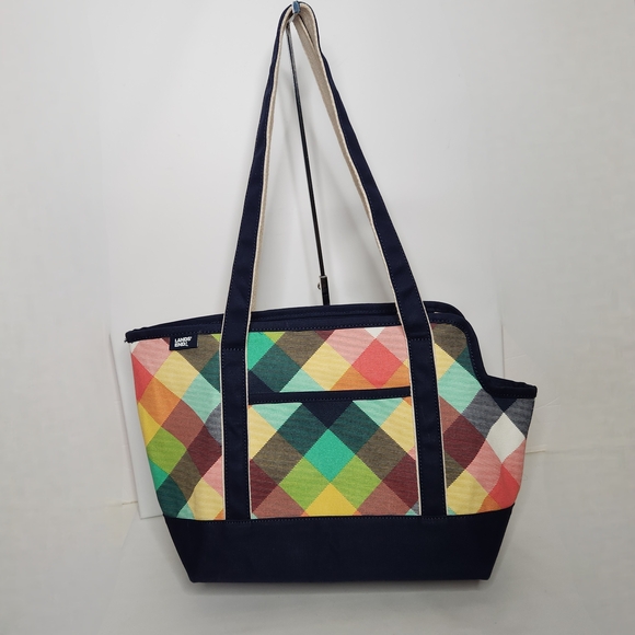 Lands End Top Zip Plaid Canvas Tote Bag Madras Multicolor Preppy - Picture 1 of 15